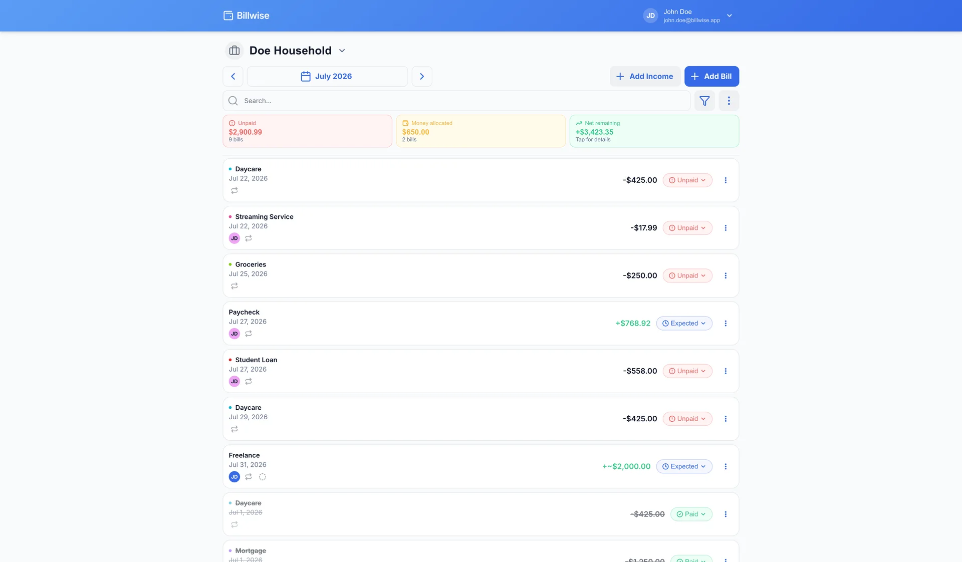 Billwise monthly dashboard showing bill statuses, totals, and upcoming due dates