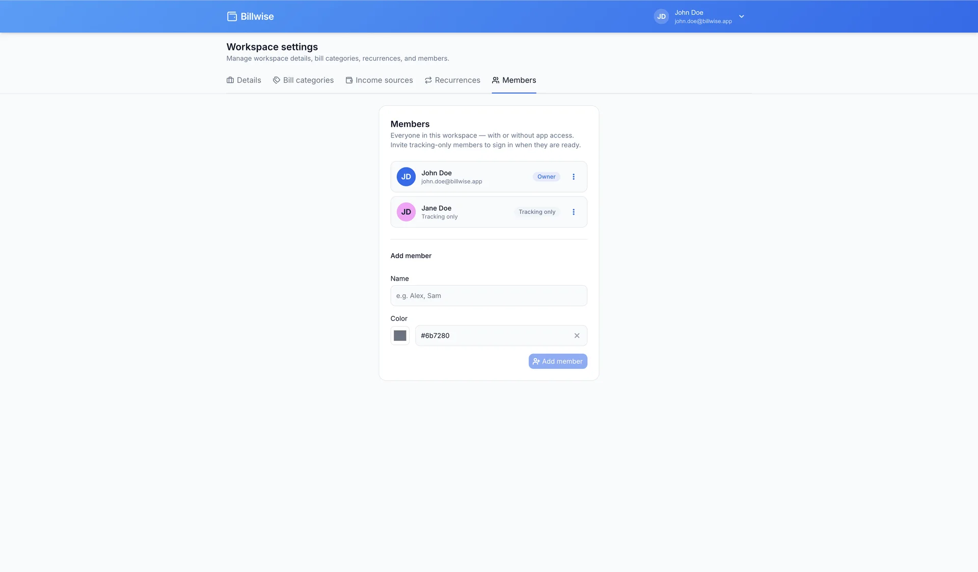 Billwise workspace members page with invited collaborators
